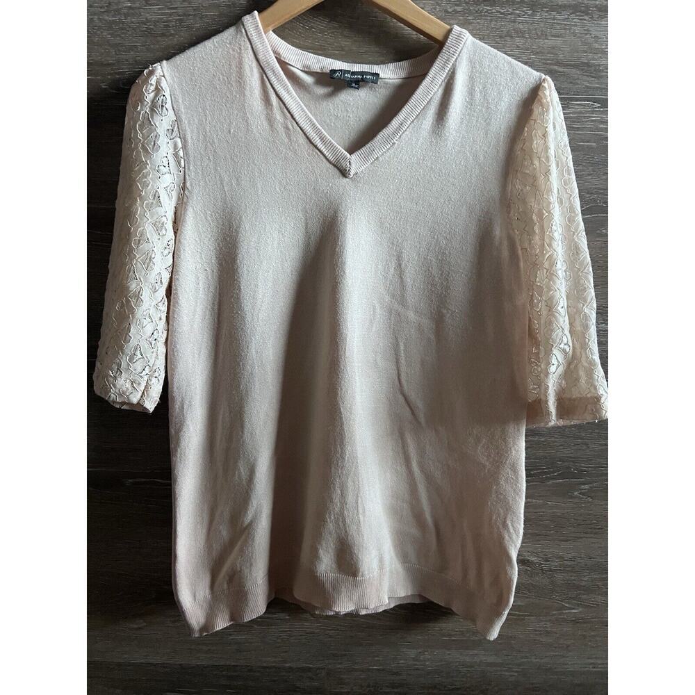 Adrianna Papell Sweater Pink Lace Hearts Short Sleeve Sz M V Neck Romantic Knit